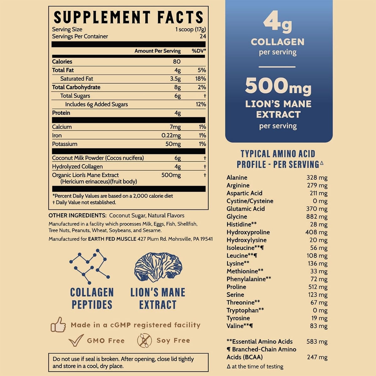 Earth Fed Muscle Vanilla Protein Coffee Creamer Powder, 24 Servings | Collagen Peptides, Lion's Mane, Coconut Milk, Non-Dairy, Morning Charge - Focus + Joint Support