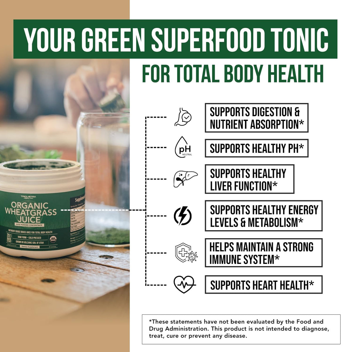 Organic Wheatgrass Juice Powder - Organic, Grown in Volcanic Soil of Utah - Raw BioActive Form, Cold-Pressed Then CO2 Dried, 20:1 Concentrate Juice Extract - Unflavored (5.3 oz – 60 Servings)