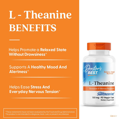 Doctor's Best L-Theanine Contains Suntheanine, Helps Reduce Stress & Sleep, Non-GMO, Gluten Free, Vegan, 150 mg (DRB-00197), 90 Count