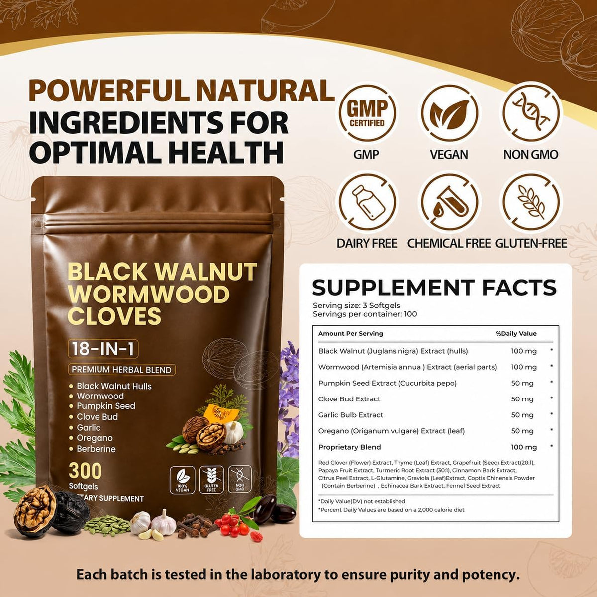 18-in-1 Wormwood Black Walnut Clove Herbal Cleanse Supplement |300 Softgels