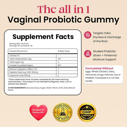 ALLFEMME Flora+ pH Balance Vaginal Probiotic Gummies for Women – Pineapple | Prebiotics & Hyaluronic Acid · Feminine Odor and Freshness Support · Sugar Free · Vegan · Non-GMO · Gluten Free · 30 Gummies