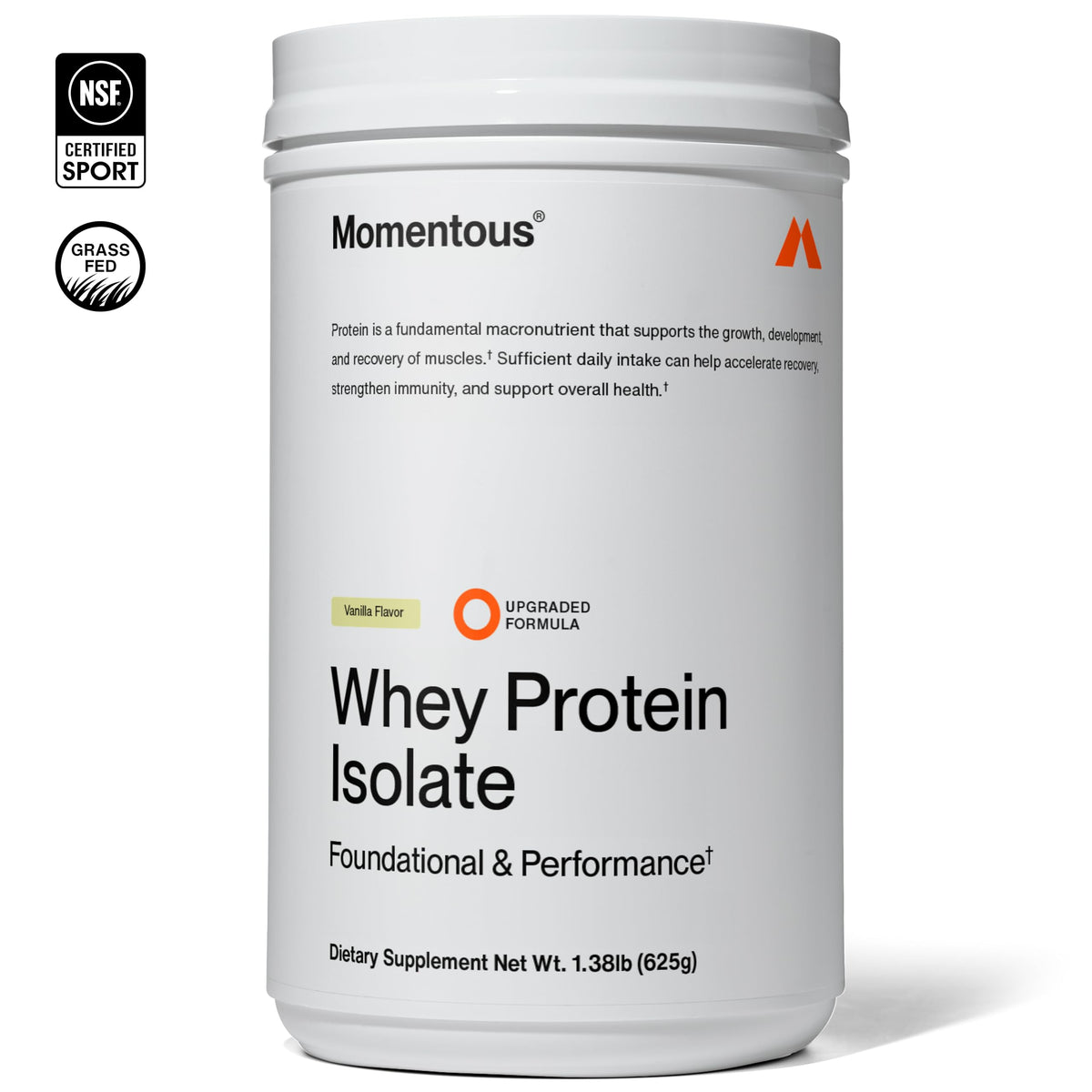 Momentous Essential Grass-Fed Whey Protein Powder - 20 g Whey Isolate Protein - NSF Certified for Sport - Gluten-Free - 25 Servings for Essential Everyday Use - Vanilla - Package May Vary