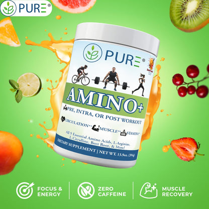 PURE® Amino+ Essential Amino Acids Powder - 30 Servings, 500g - Full Spectrum EAA with L-Arginine, L-Citrulline & Beet Root - Muscle Recovery & Hydration Drink - Fruit Punch Flavor, Made in USA