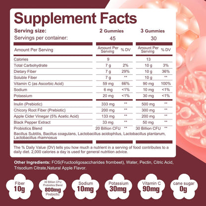 Migcopat Fiber Gummies with Probiotics,10G Fiber per Serving No Sugar Added Apple Flavor, with 10 Billion CFU Probiotics Blend, Apple Cider Vinegar, Vitamin C, Inulin, Bloating Support 90 Count