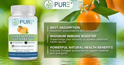 PURE® Liposomal Vitamin C 2100mg - 180 Capsules, 60 Servings - High Absorption Immune Support Supplement with Sunflower Lecithin - Bioavailable Antioxidant for Collagen & Skin - Made in USA