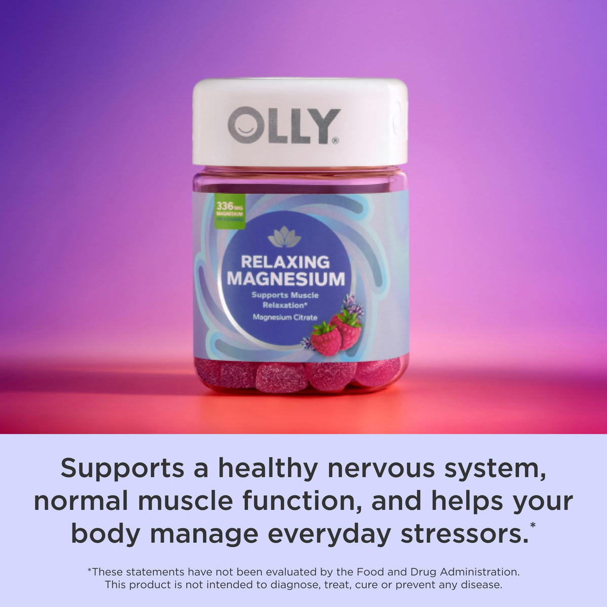 OLLY Relaxing Magnesium Gummies, Supports Muscle Relaxation*, Magnesium Citrate, Raspberry Lavender Flavor, 15 Day Supply - 60 Count