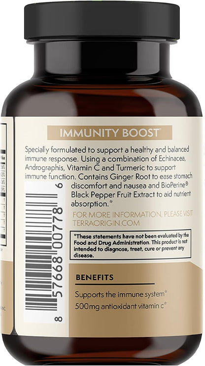 TERRA ORIGIN Immunity Support Supplement | Vitamin C, D3, Zinc, Selenium, Turmeric, Echinacea, Ginger & Andrographis with BioPerine | Daily Immune Booster & Antioxidant Blend | 30 Tablets