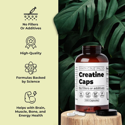 Santa Cruz Paleo Creatine Capsules, Supports Muscle Growth & Energy, Gluten Free, Keto, Sugar Free, Paleo, No Fillers or Additives, Creatine Monohydrate Pills, 2500mg, 100 Servings, 300 Capsules