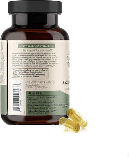 TERRA ORIGIN ADK Essential Vitamin Supplement | 60 Liquid Capsules | High Potency Vitamin A, D 5000 IU, K1 and K2 | Non GMO, Gluten Free, Vegan, Made in USA