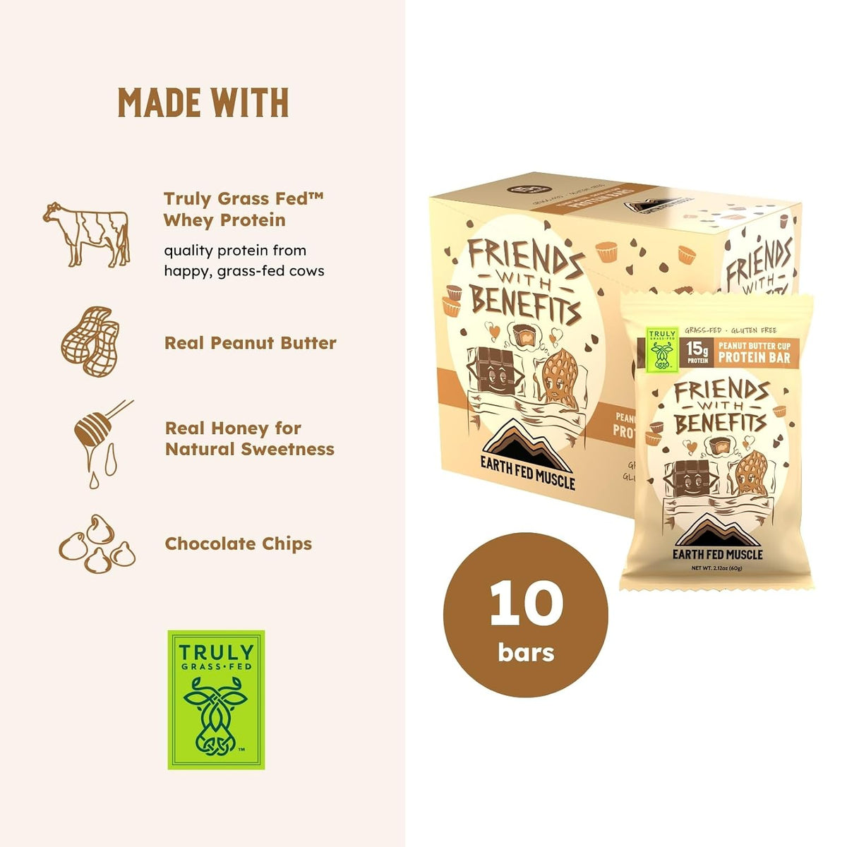 Earth Fed Muscle Friends with Benefits Chocolate Peanut Butter Grass Fed Whey Protein Bars | 15g Protein Snack | Gluten Free, Non-GMO, All-Natural Peanut Butter Energy | 2.12 oz Bars (10 Count)