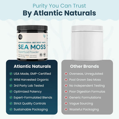 Atlantic Naturals Organic Sea Moss Powder with Beet Root Powder, Ashwagandha & Maca Root – Superfood Reds & Adaptogen Blend for Energy, Mood & Skin – Vanilla Flavor Drink Mix (150g)