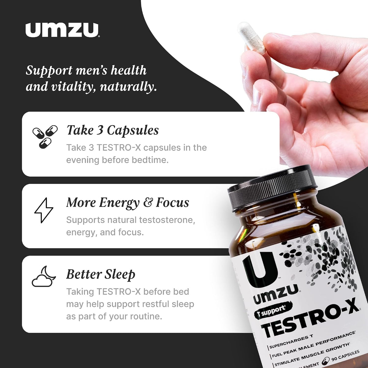 UMZU Testro-X Testosterone Support for Men, 90 Capsules, 30 Day Supply | KSM-66 Ashwagandha and Zinc, Men's Energy, Focus, Strength, Muscle Recovery, Testosterone Support and Daily Wellnes