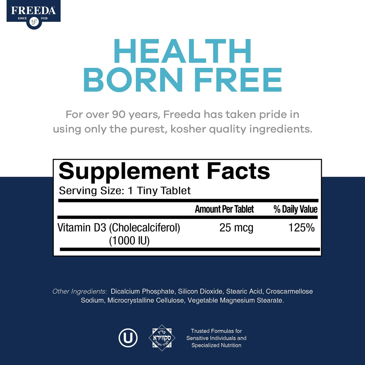 FREEDA Vitamin D3-1000 IU - Pure High Potency Kosher Supplement Tablets - Bone and Muscle Health, Calcium Absorption, Immune Support for Men and Women* - 100 Count | Supports Bone, Muscle & Immune Health – Helps Calcium Absorption – Easy-to-Swallow Tiny T