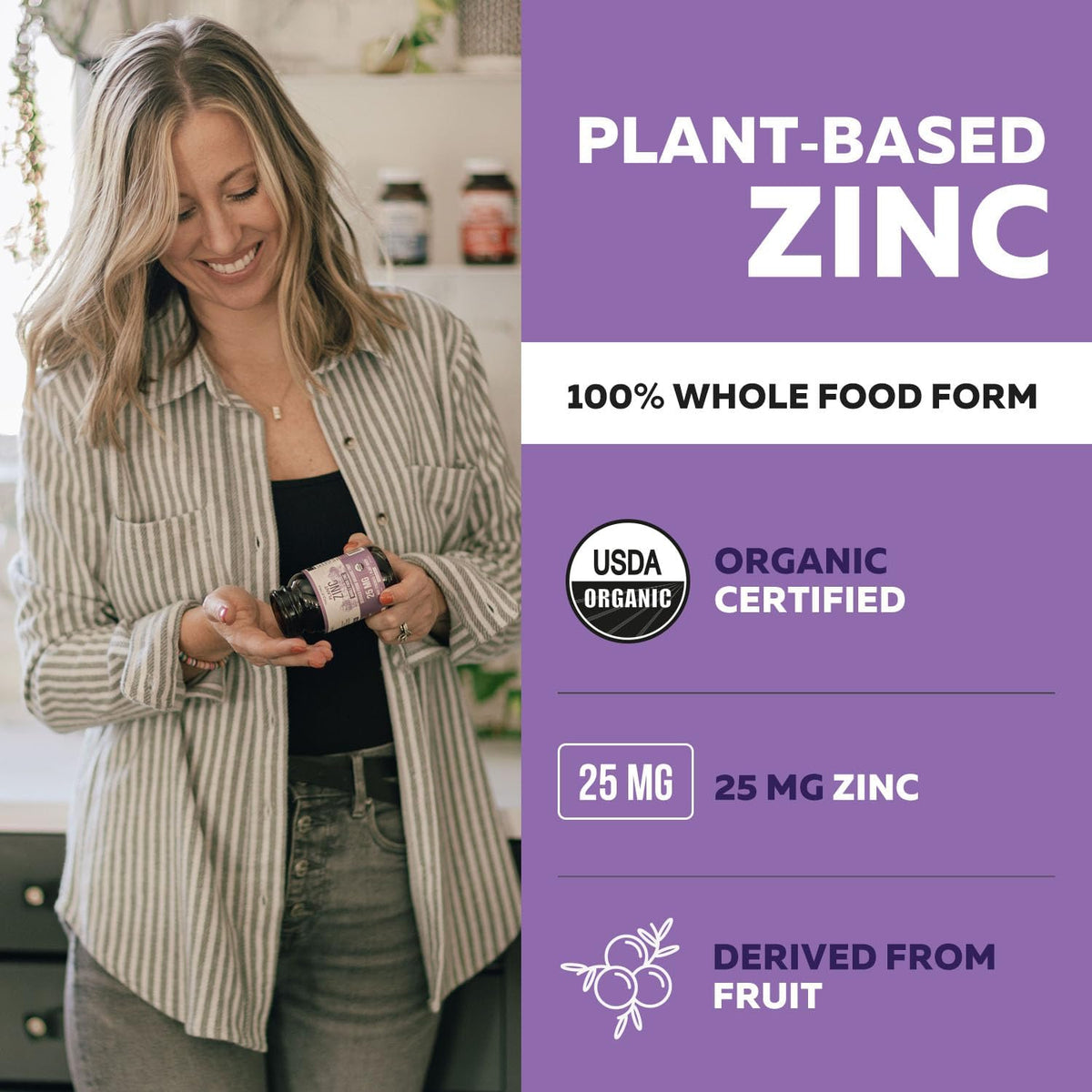 Organic Zinc 25 mg | Whole Food zinc Supplements | Derived from Organic Fruit, Elemental Zinc - Water Extracted, Vegan, GMO-Free - Essential Mineral, Antioxidant, Immune Support, Skin - 60 Servings