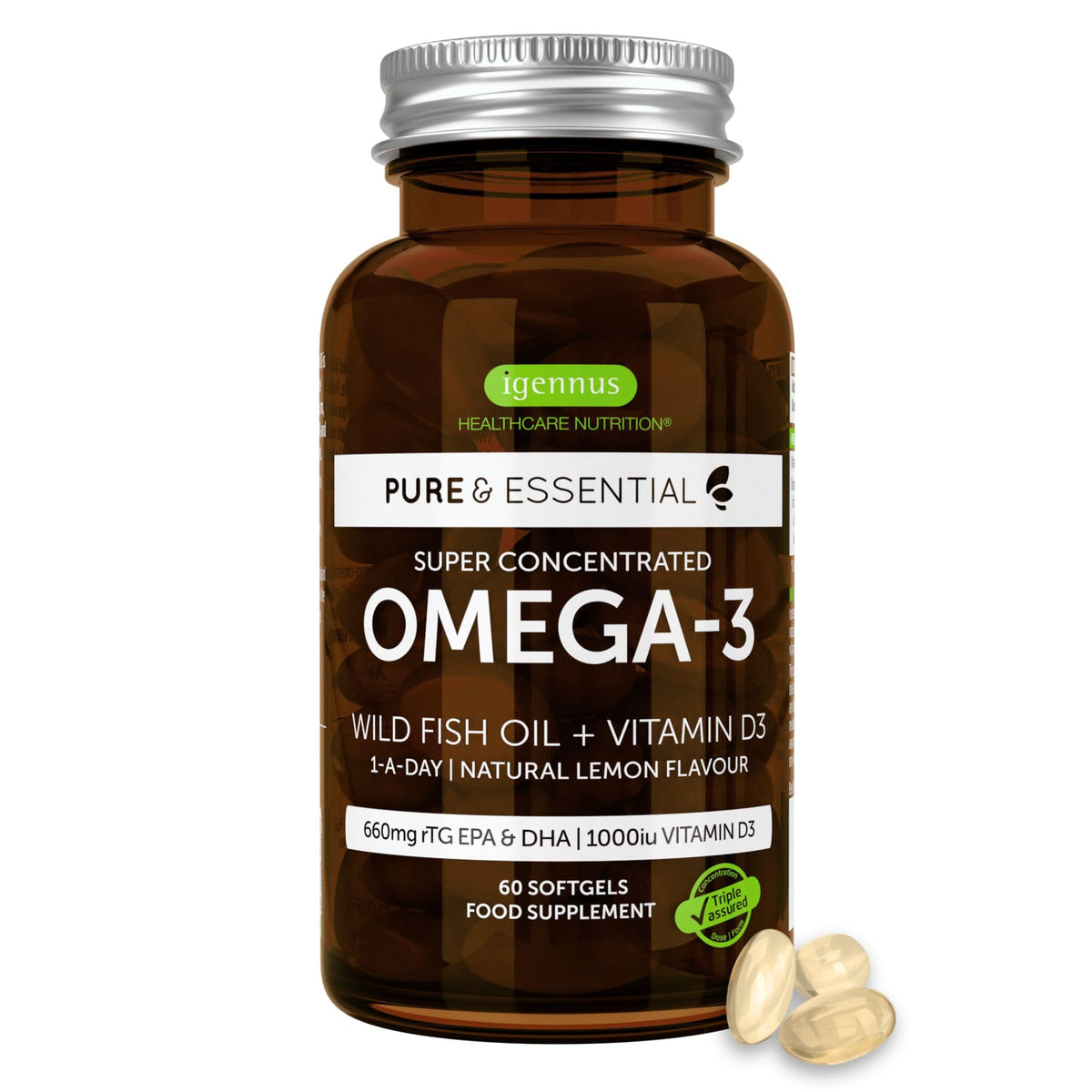 Igennus Advanced rTG Omega-3 IFOS Certified Wild Fish Oil & Vitamin D3, 1-a-Day, Fatty Acids EPA & DHA, Fast-Acting Triglyceride Form, Ultra Pure & Non-GMO, 60 Softgels
