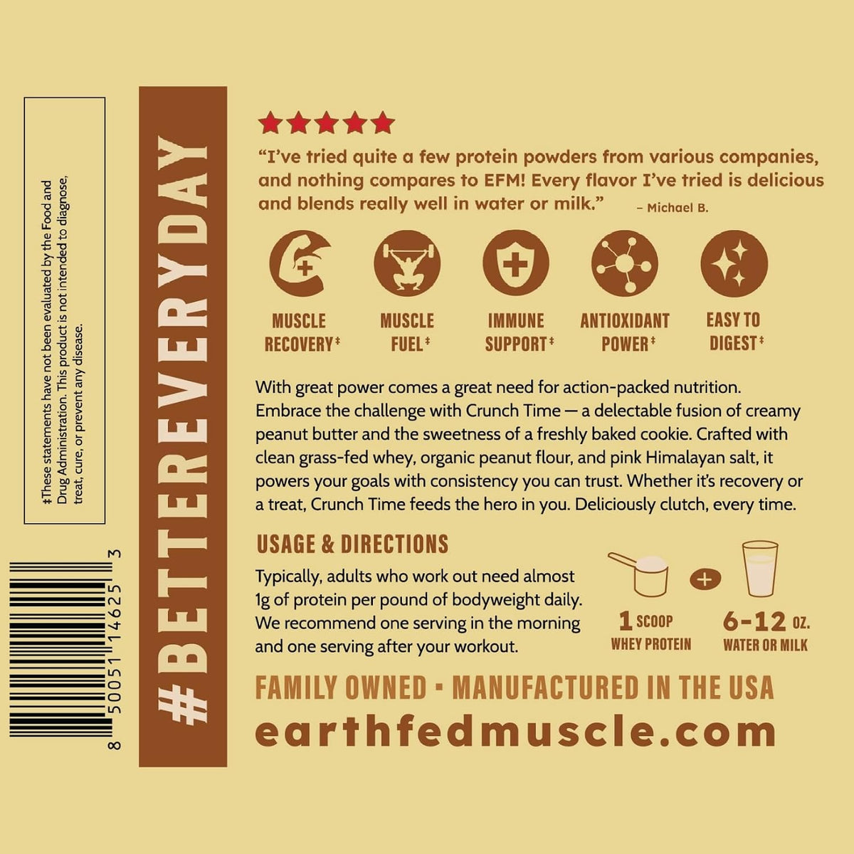Earth Fed Muscle Crunch Irish Whey Protein, Peanut Butter Cookie | Irish grass-fed whey protein with real peanut flour. Peanut butter cookie flavor, Third-Party Certified. 2 lb tub.