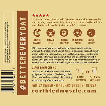 Earth Fed Muscle Crunch Irish Whey Protein, Peanut Butter Cookie | Irish grass-fed whey protein with real peanut flour. Peanut butter cookie flavor, Third-Party Certified. 2 lb tub.