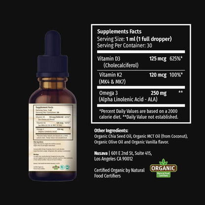 NUSAVA Unflavored D3 K2 Liquid Drops and Vanilla Flavored D3 K2 Liquid Drops Bundle - Potent Liquid Vitamins for Heart, Joint, Bone, Muscle, & Immune Support - Non-GMO, Gluten-Free, 2pk Each