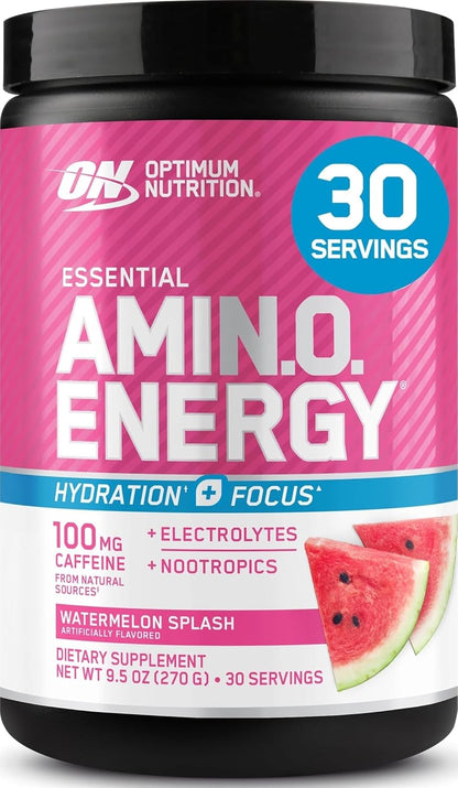 Optimum Nutrition, Amino Energy Powder Plus Focus, with Bcaa, Electrolytes, and Caffeine, Watermelon, 30 Servings | Contains BCAAs, Electrolytes, 100 mg Caffeine, 5g Amino Acids, Zero Sugar, Supports Hydration, Banned Substance Tested