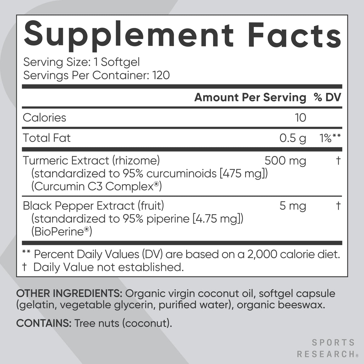 Sports Research® Turmeric Curcumin C3 Complex® w/BioPerine Black Pepper Extract & Organic Coconut Oil - Standardized 95% Curcuminoids · Non-GMO · Gluten Free - 120 Count Softgels