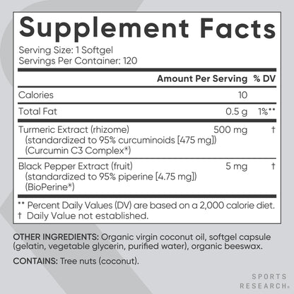 Sports Research® Turmeric Curcumin C3 Complex® w/BioPerine Black Pepper Extract & Organic Coconut Oil - Standardized 95% Curcuminoids · Non-GMO · Gluten Free - 120 Count Softgels