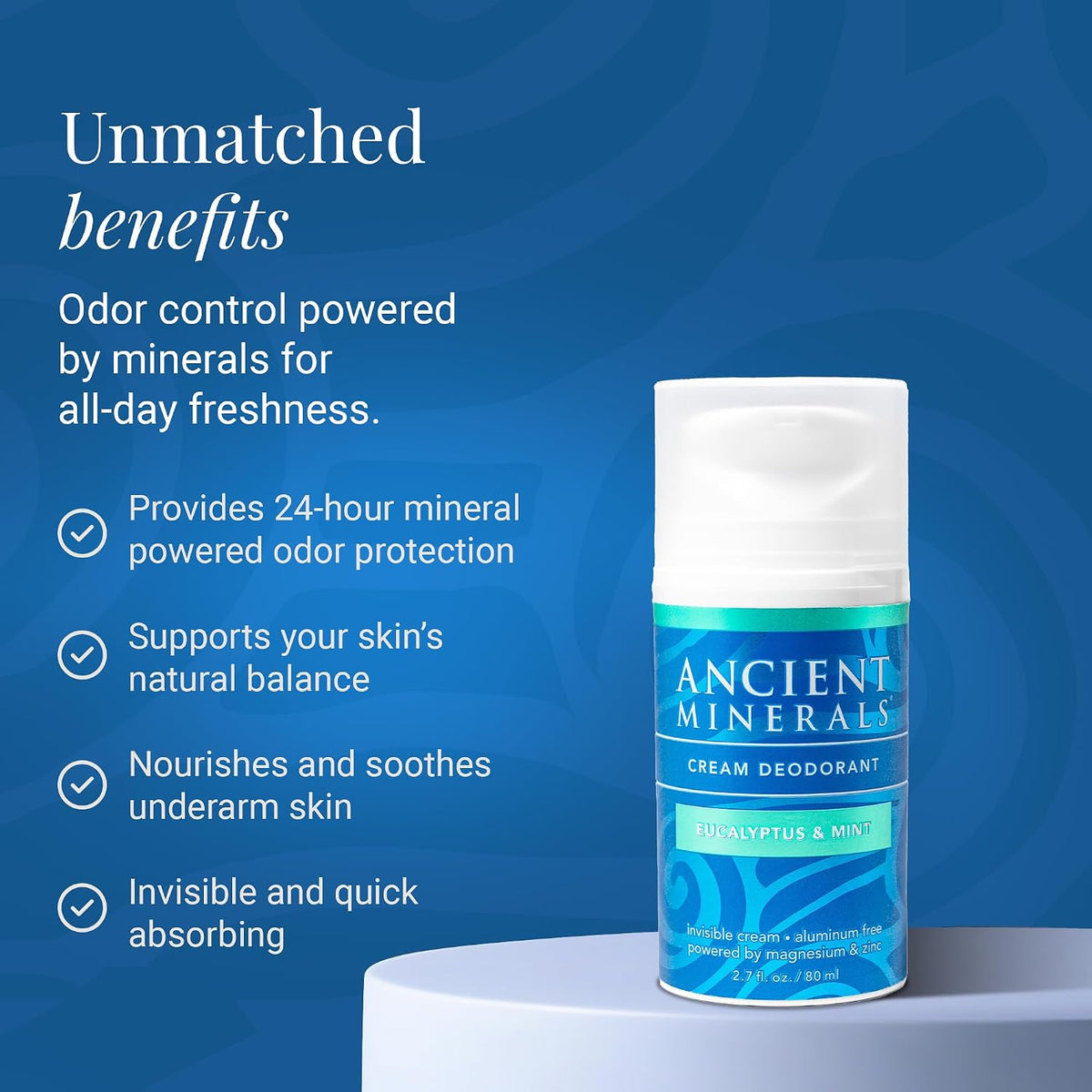 Ancient Minerals Deodorant Cream, Aluminum-Free, Eucalyptus & Mint, 2oz | Magnesium, zinc & vitamin E. Vegan, 24-hour odor protection, Eucalyptus & Mint scent. 2 oz.