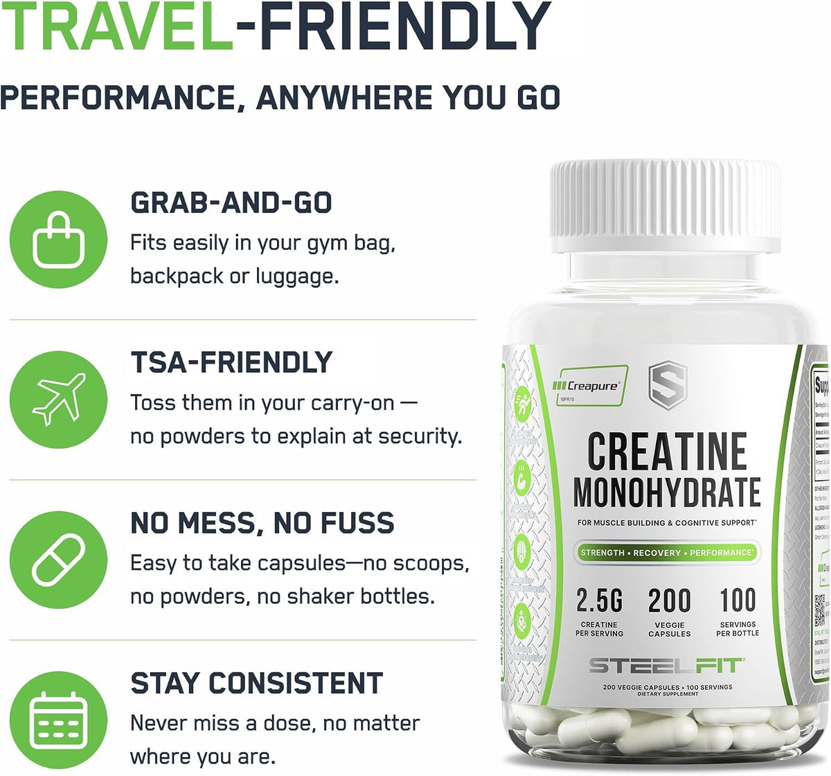 SteelFit Creatine Monohydrate Capsules for Men & Women, 100 Servings | 2.5g Creapure Creatine - Lean Muscle Gain, Strength Building & Recovery - Gym Workout Supplements, Veggie Capsule