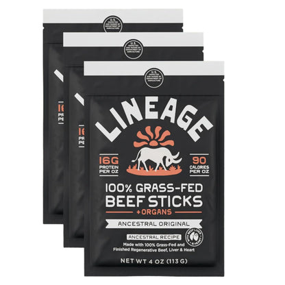 Lineage Provisions Grass Fed Beef Sticks, 3-Pack | Ancestral recipe with 16g protein per oz, air dried high protein snack for energy and everyday snacking.