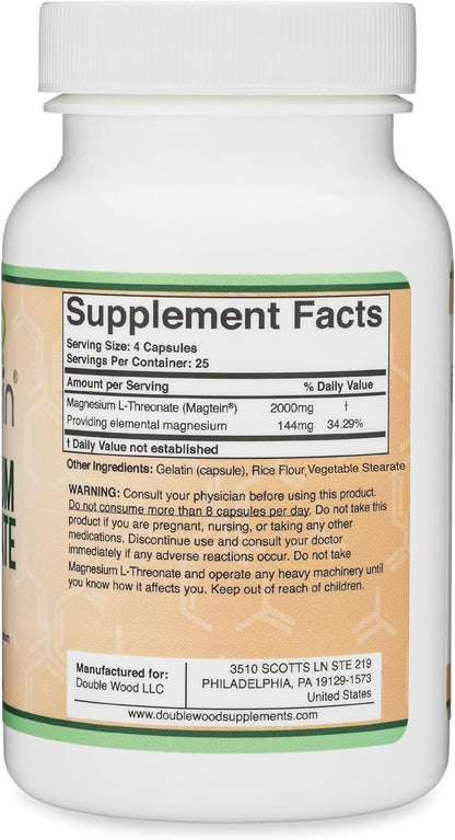 Magnesium L Threonate, Magtein - NSF Certified - Sleep and Cognitive Support – High Absorption – Most Bioavailable Form of Magnesium – 2,000 mg – 120 Capsules