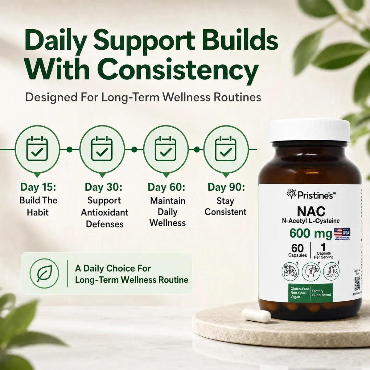 PRISTINE'S NAC 600mg N-Acetyl Cysteine Capsules, Glutathione Support | Glutathione support in a simple NAC capsule routine. Antioxidant support, 60 day supply, vegan, non-GMO, gluten-free