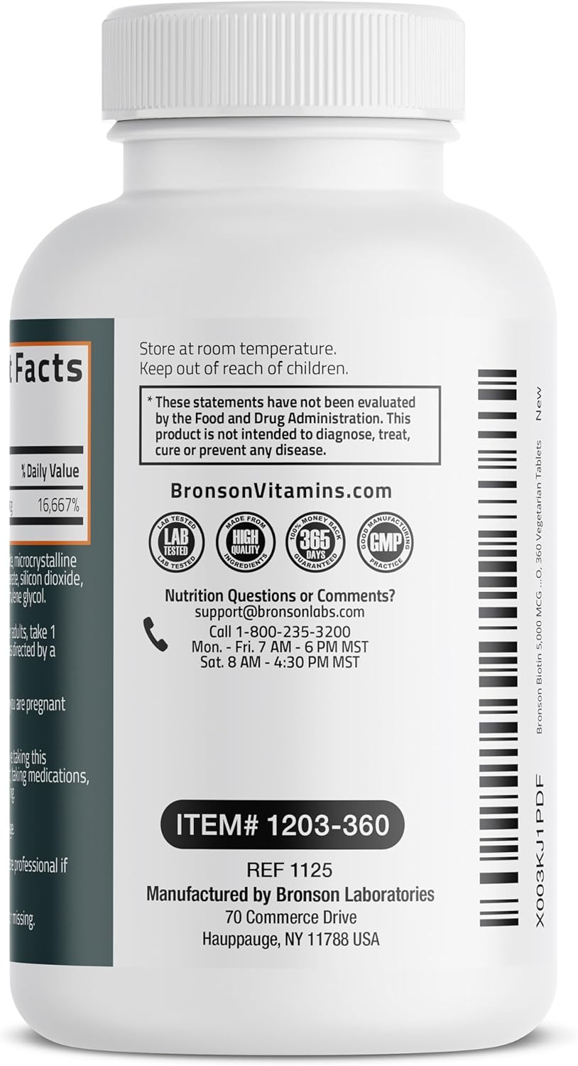 Bronson Biotin 5,000mcg Hair Skin and Nails Vitamins, 360 Tablets | Vegetarian Beauty Support, Non-GMO, Gluten-Free, Soy-Free, Supports Healthy Hair, Skin and Nails