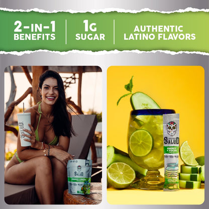 Salud 2-Pack |2-in-1 Energy + Focus (Hibiscus) & Energy + Focus (Cucumber Lime) – 15 Servings Each, Agua Fresca Drink Mix, Non-GMO, Gluten Free, Vegan, Low Calorie, 1g of Sugar