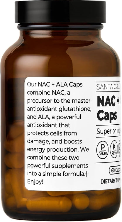 Santa Cruz Paleo, NAC + ALA Caps, NAC Supplement and Antioxidant Complex with Alpha Lipoic Acid and N-Acetyl Cysteine, Cellular Support and Nutrient Balance, Gluten Free, Keto, Paleo, 60 Capsules