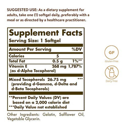 Solgar Vitamin E 268 MG (400 IU) (d-Alpha Tocopherol & Mixed Tocopherols), 100 Softgels - Supports Immune System & Skin Nutrition - Natural Antioxidant - Gluten Free, Dairy Free - 100 Servings