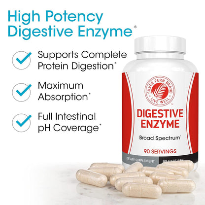 Silver Fern Brand Ultimate Digestive Enzyme Supplement 1 Bottle 90 Capsules | High Potency, Multi Enzyme - Digestive Comfort & Food Tolerance - Hemicullulase, Peptidase, Maltase, More