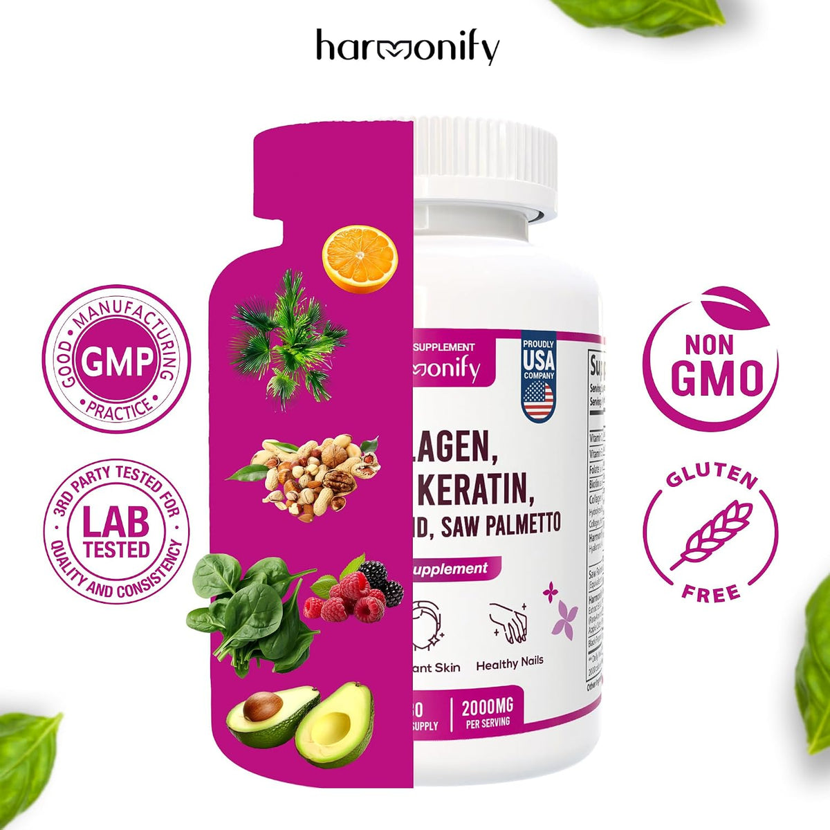 Collagen Biotin Keratin Hyaluronic Acid Complex Supplement with Vitamin E, Folic Acid, Pumpkin Seed and MSM, 60 Capsules, 1000 mg