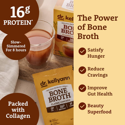 Dr. Kellyann Bone Broth Packets Variety Pack (3 Boxes, 21 Servings) – Classic Chicken, Thai Lemongrass & French Onion