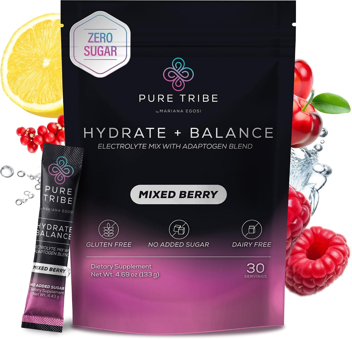 Instant Hydration Electrolytes Powder Packets with Magnesium & Salt – Zero Sugar Hydration Packets with 6 B Vitamins & Adaptogens – Mixed Berry Electrolyte Drink Mix – 30 Servings
