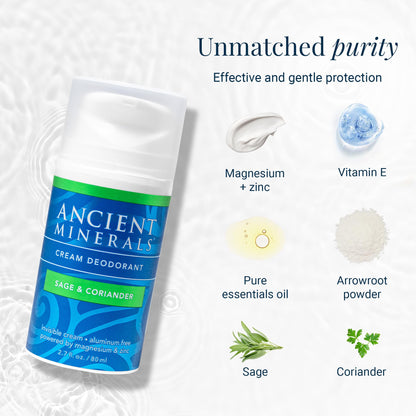Ancient Minerals Deodorant Cream, Aluminum-Free, Eucalyptus & Mint, 2oz | Magnesium, zinc & vitamin E. Vegan, 24-hour odor protection, Eucalyptus & Mint scent. 2 oz.