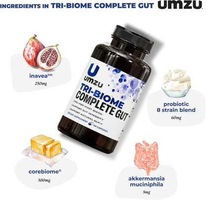 UMZU Tri-Biome Complete Probiotic Capsules, 30 Day Supply | 3-in-1 Probiotic, Prebiotic and Postbiotic Blend, Akkermansia and CoreBiome, Gut Balance, Digestive Health, Adults