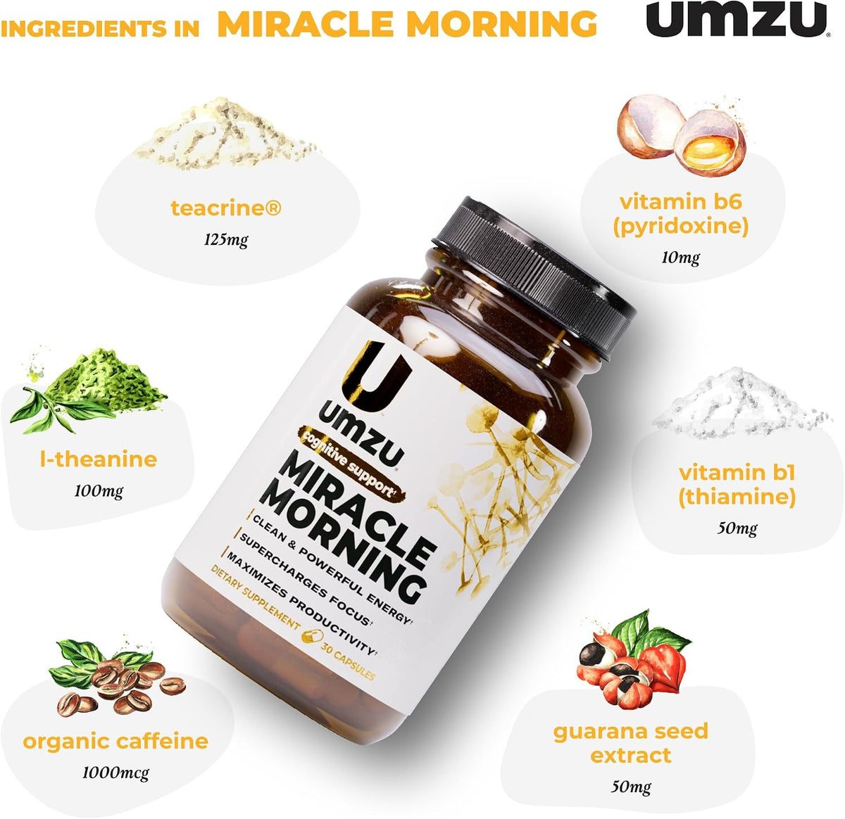 UMZU Miracle Morning Energy Support Supplement, 30 Day Supply | PurCaf Caffeine and Theacrine, Organic Ingredients, Morning Energy, Focus and Mood Support, Daily Energy and Focus Supplement