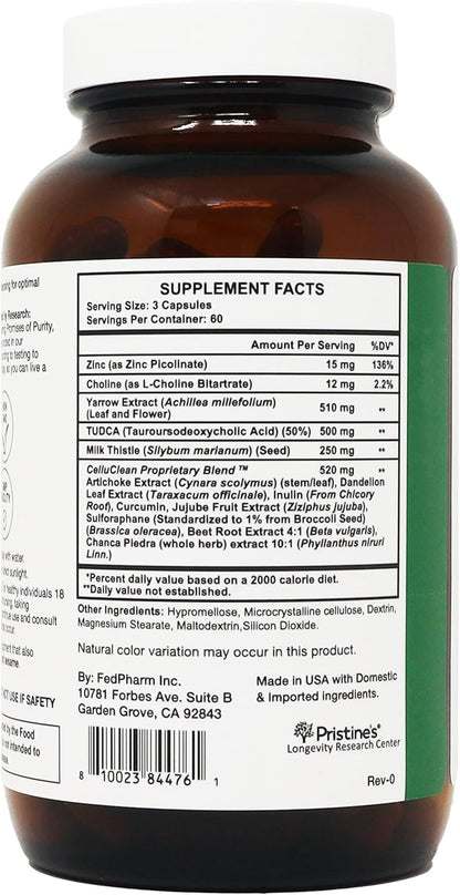 PRISTINE'S CelluClean Liver Support with TUDCA, Milk Thistle, 60 Count | TUDCA, milk thistle and yarrow in a daily liver support routine. Vegan, non-GMO, gluten-free and third-party tested formula