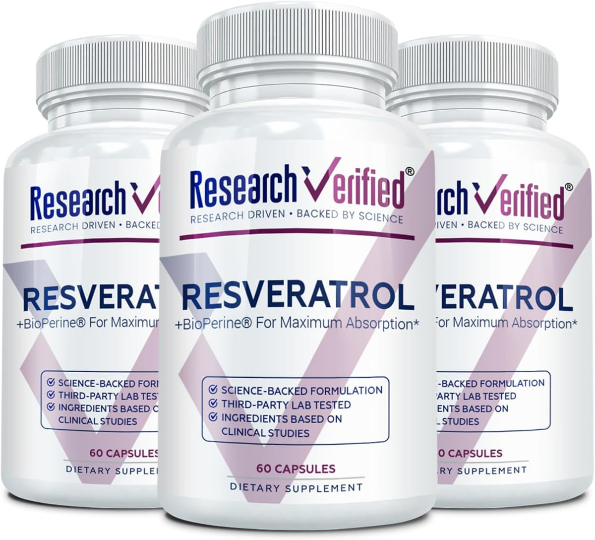 Research Verified Resveratrol - 98% Trans-Resveratrol 1000 mg, Anti-Aging Support - 60 Capsules per Bottle - 3 Bottles