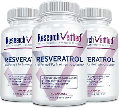 Research Verified Resveratrol - 98% Trans-Resveratrol 1000 mg, Anti-Aging Support - 60 Capsules per Bottle - 3 Bottles