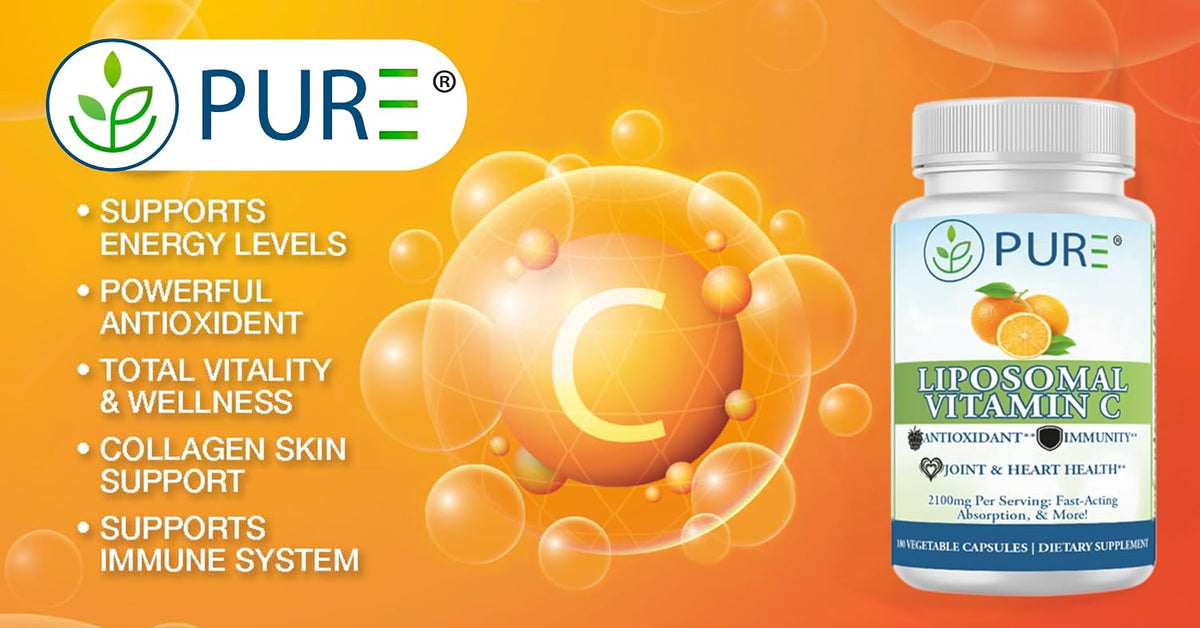 PURE® Liposomal Vitamin C 2100mg - 180 Capsules, 60 Servings - High Absorption Immune Support Supplement with Sunflower Lecithin - Bioavailable Antioxidant for Collagen & Skin - Made in USA