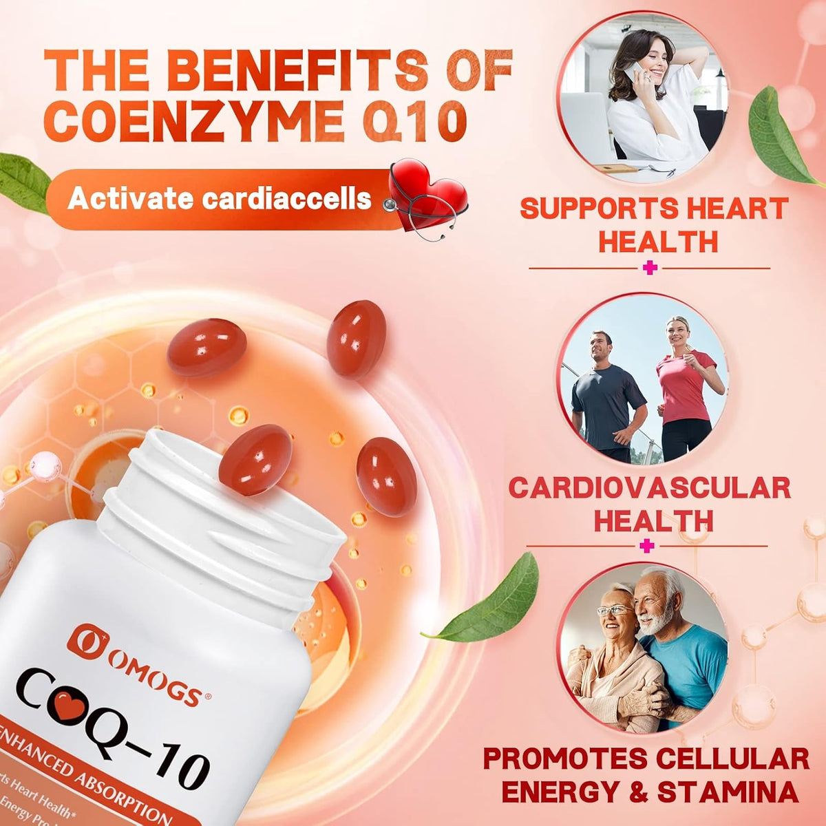 OMOGS CoQ10 400mg Softgels, Coenzyme Q10 High Absorption Supplements Support Heart Health, Cardiovascular Health, Immune System & Cellular Energy Production, Gluten Free, 90 Softgels