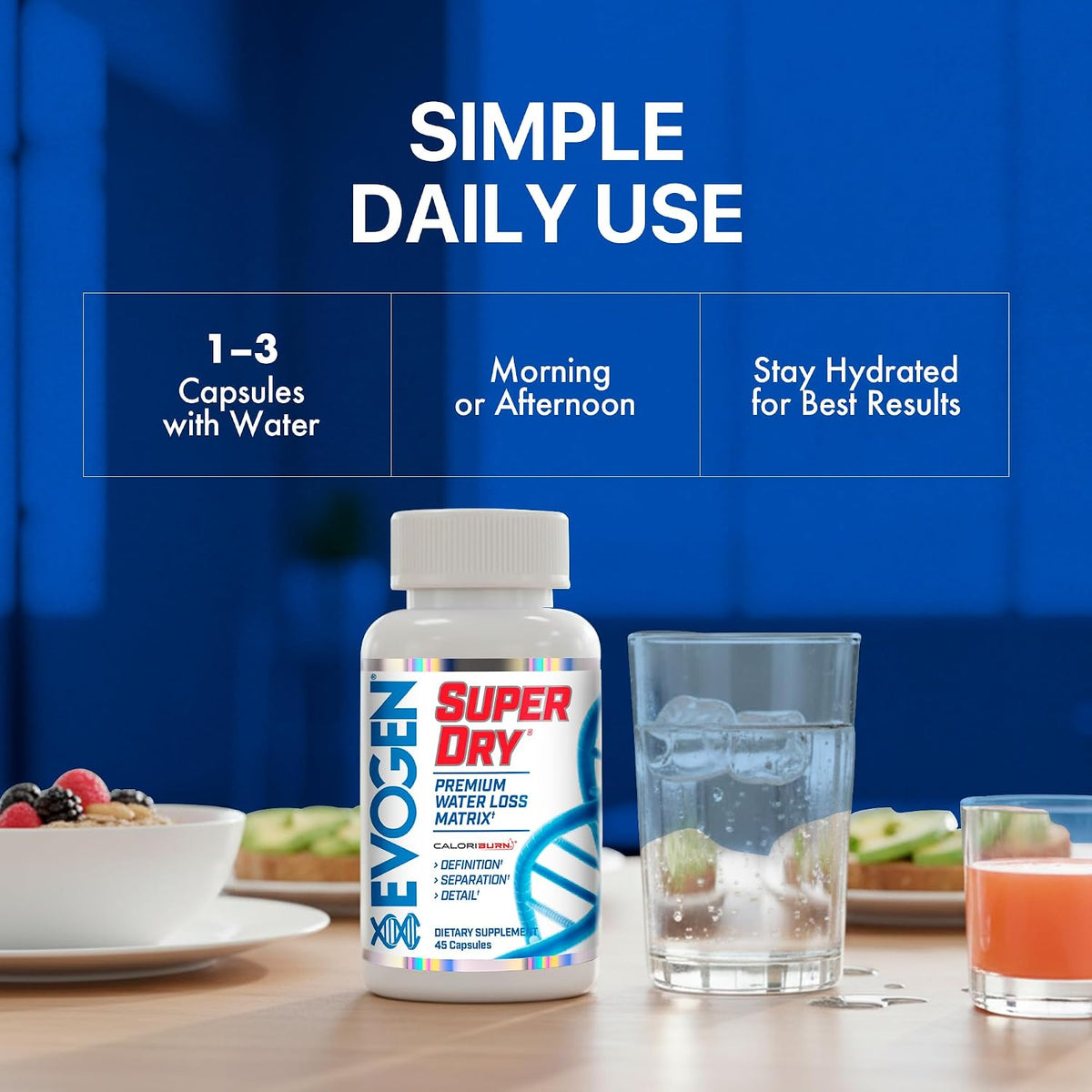 Evogen Super Dry Water Loss Matrix | Bloating Relief | 45 Capsules | Dandelion root, horsetail and juniper berry with magnesium and potassium to reduce retention and reveal definition