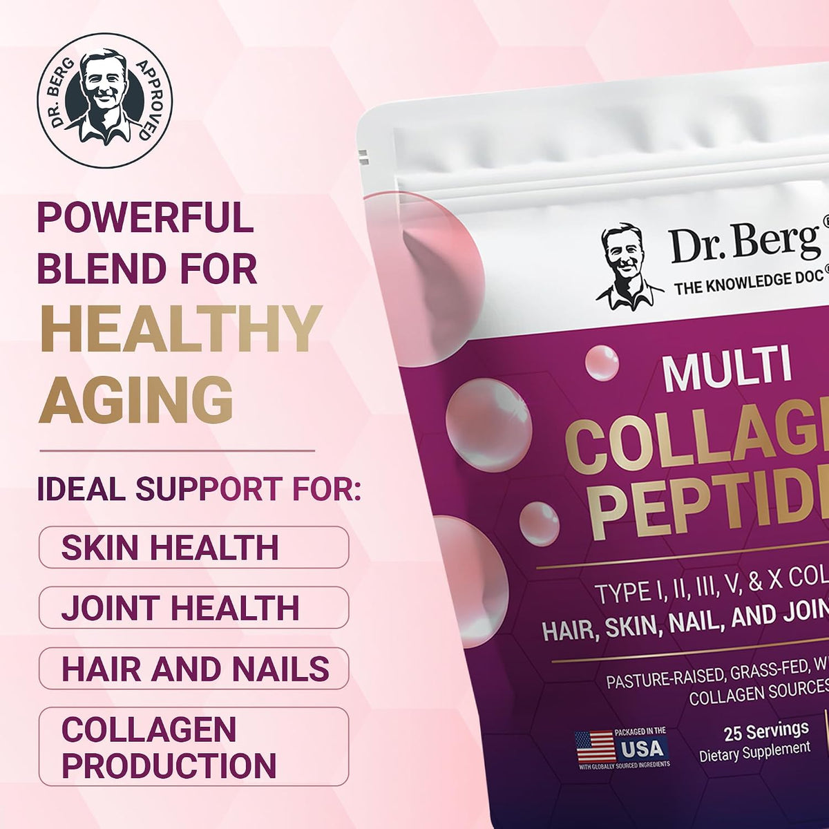 Dr. Berg Multi Collagen Peptides Powder Types I, II, III, V, X - Unflavored Collagen Powder w/ 14 g of Protein - Grass-Fed, Pasture-Raised & Wild-Caught Collagen Sources - 25 Servings