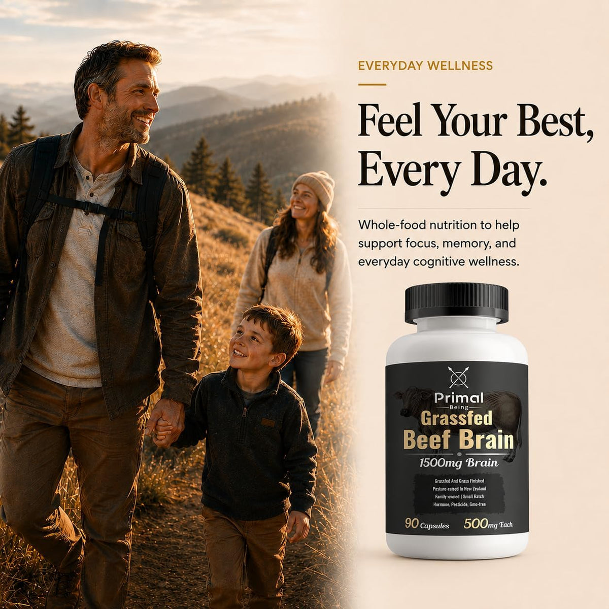 Primal Being Grassfed Beef Brain, Supports Memory, Mood, Focus, Energy, Cognitive Health - 90 Capsules, 1500mg per Serving