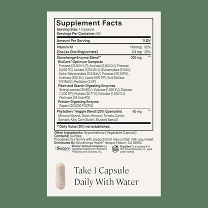 Stonehenge Health Dynamic Digestive Enzymes – 18 Enzymes with (Protease, Lipase, Amylase, Lactase) + Zinc & Vitamin K1 + Gas & Bloating Support – 60 Capsules